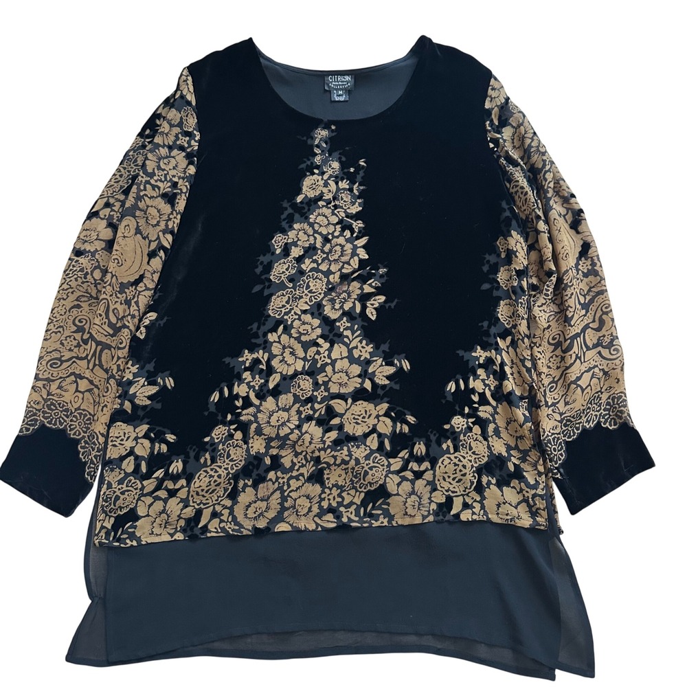 Citron Santa Monica Black Gold Silk Velvet Burnout Floral Tunic Top Womens M